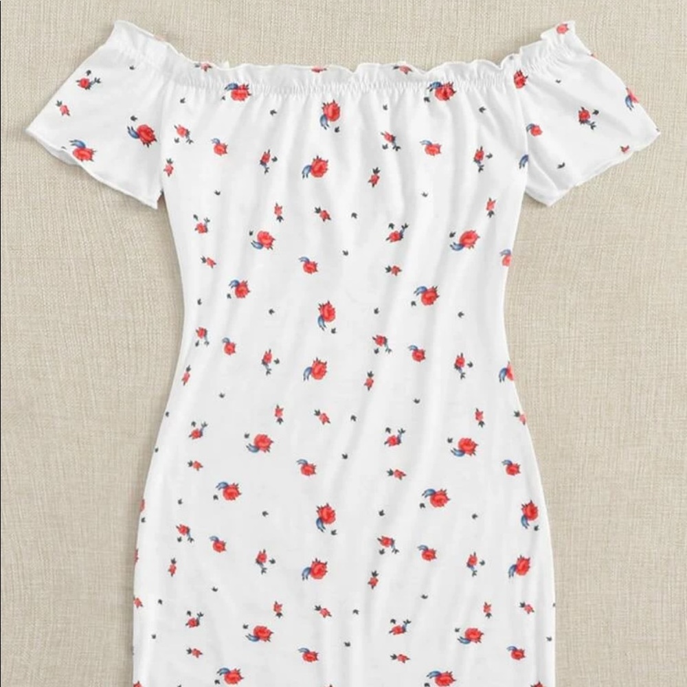 Floral Print Frill Bardot Dress